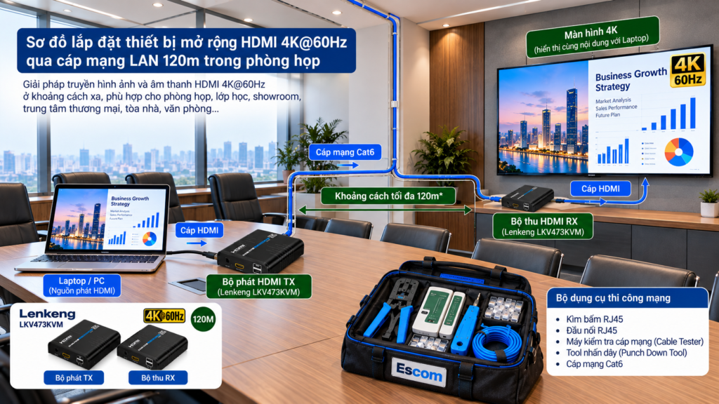 Cách lắp đặt cơ bản bộ mở rộng HDMI 4K-60Hz qua cáp mạng LAN 120m